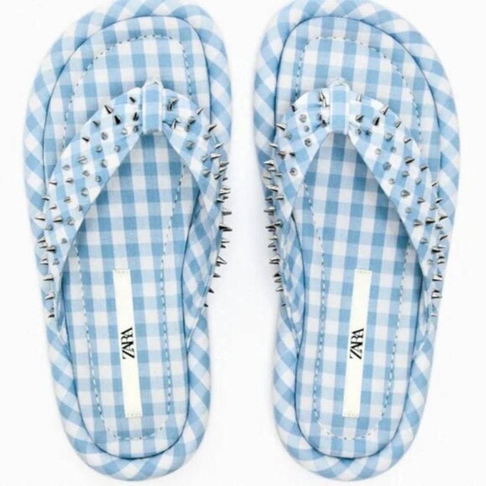 Zara Gingham Studded Flip Flops Sandals - Picture 3 of 12